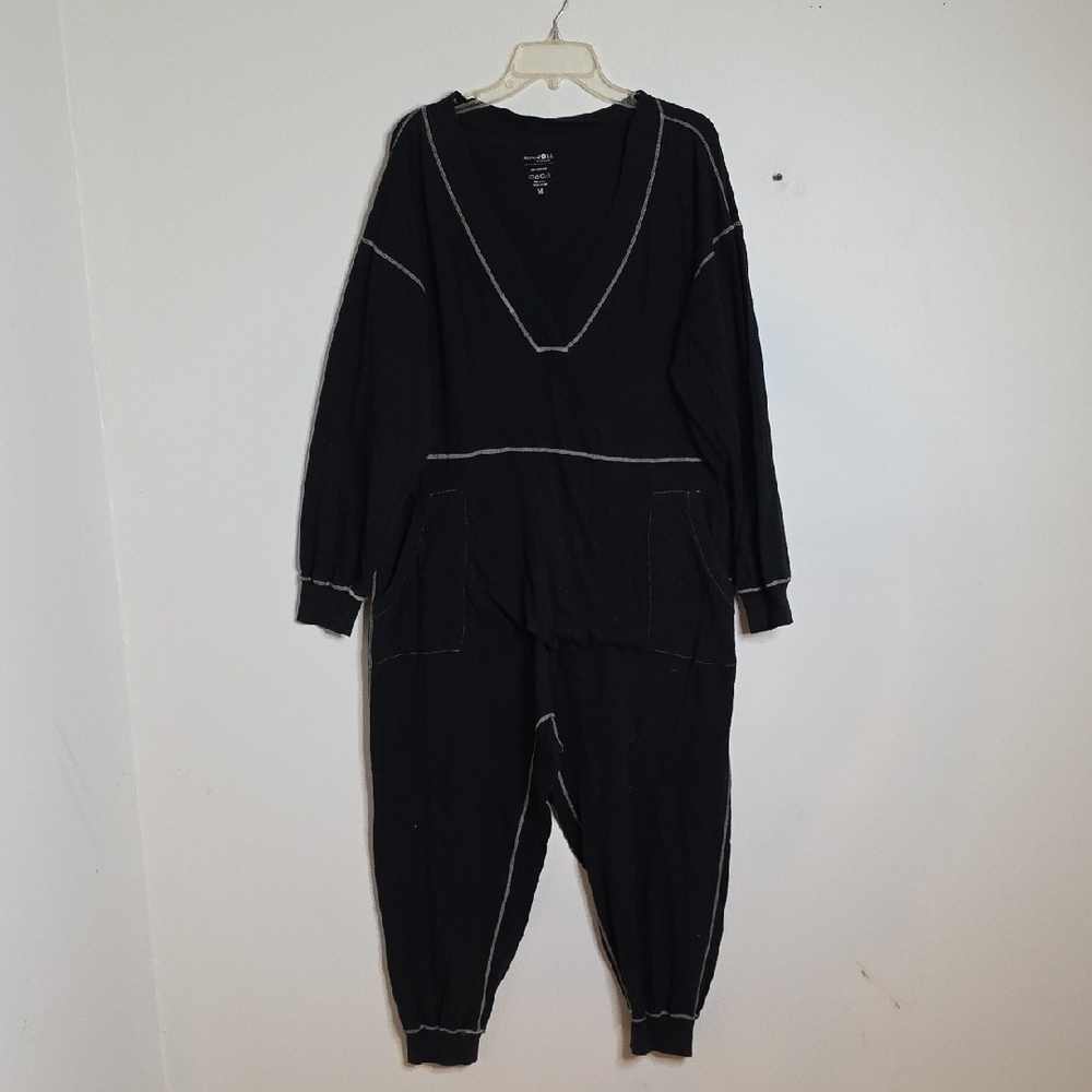 Black V-Neck Natural Life Jumpsuit with White Stitching Sz Medium